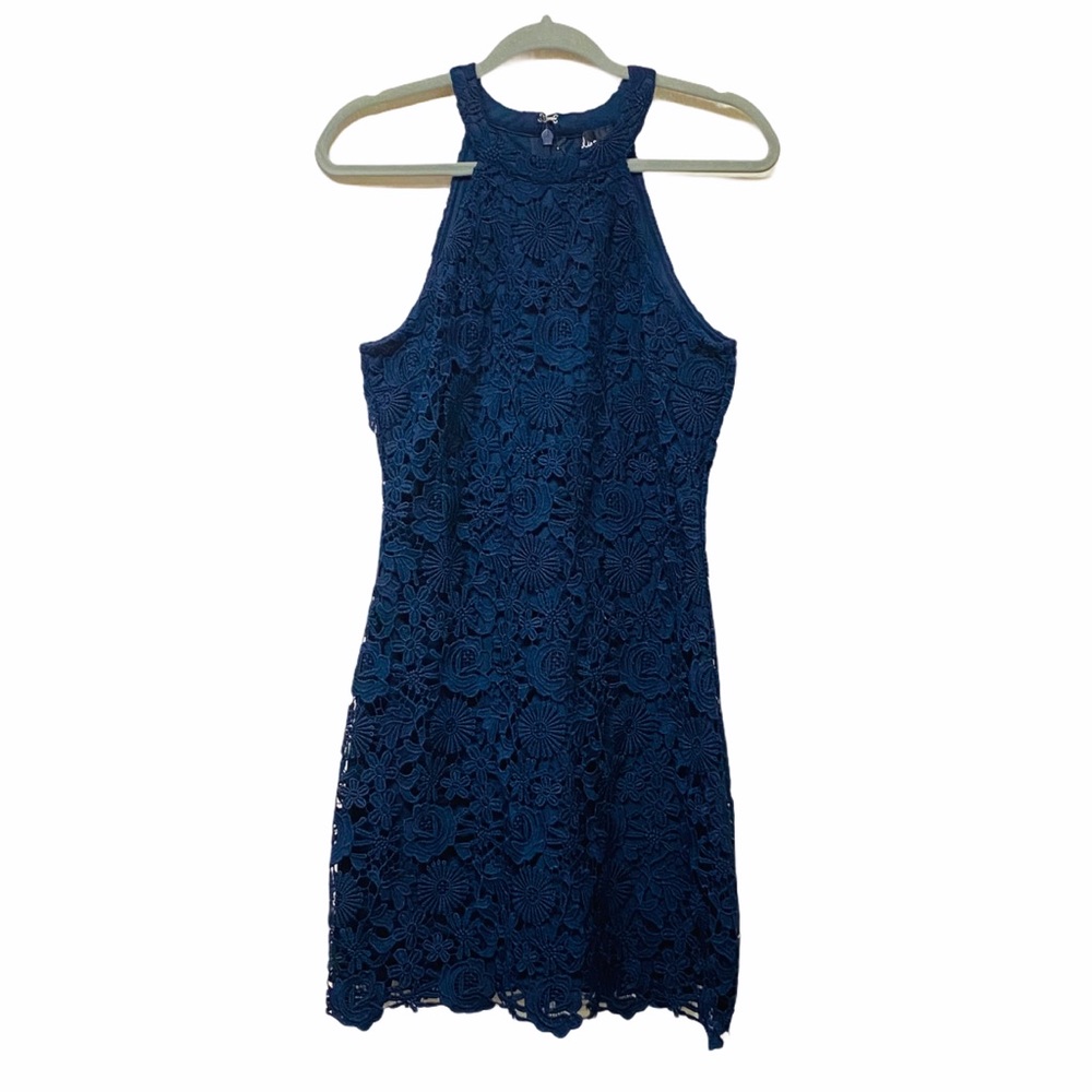 Lulus Love Poem Navy Blue Lace Mini Dress Halter